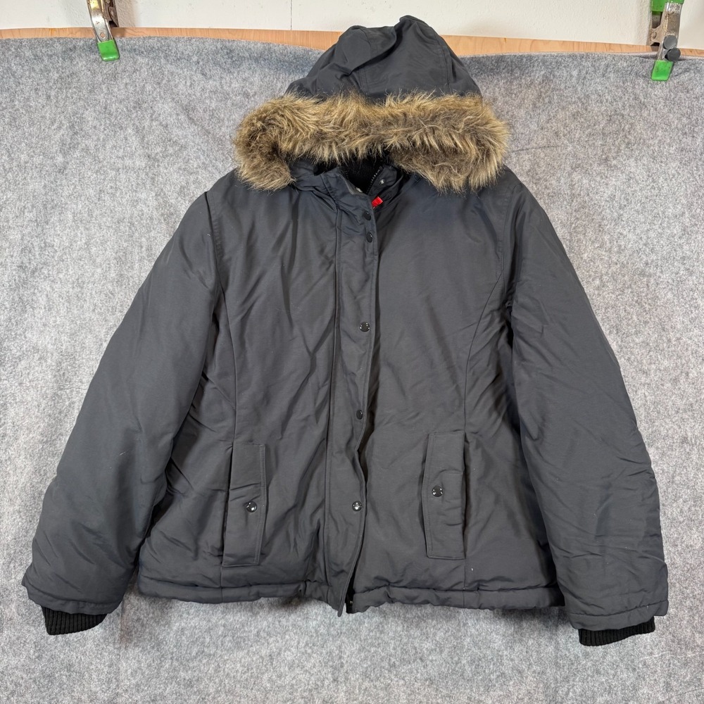 Y2K Old Navy Down Puffer Coat Womens XL Parka Faux Fur Hooded Black Winter Wear